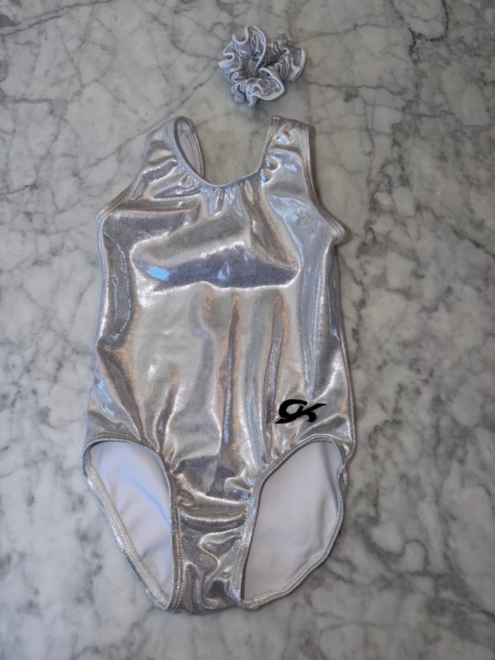 GK Silver Metallic Gymnastics Leotard with Matching Scrunchie CS